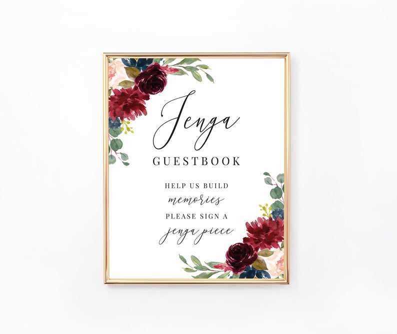 Floral Burgundy and Navy Printable Guestbook Sign Wedding Guest Book Sign Digital File BR028 BA028 Jenga Guestbook Sign WE028