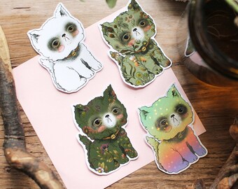 Cat Paper Sticker Set Of 4  Single Stickers - Green, White & Rainbow with Glitter