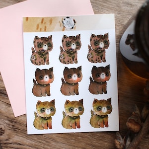 SMALL STICKER SHEET Brown & Pink Cats 9 Small Stickers image 1