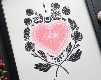 Artprint: Eye Heart You Lino Cut Poster Print Din A3  Black and Pink