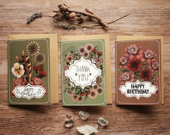 Greeting Card Set of 3 : Thank You & Happy Birthday Flower Design