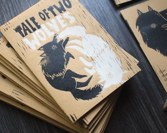 Handmade Linoprinted Tale Of Two Wolves Zine