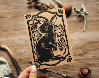 Handmade Bunny / Rabbit Linocut Artprint Black on Brown - Postcard Format