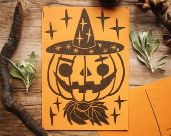 Handmade Linocut Postcard "Jack-O-Lantern" Artprint