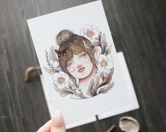 Postcard Artprint: Flower Girl with Moth Hairclip