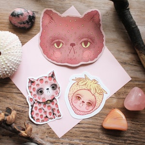 Erdbeer Katzen Vinyl Sticker Set mit 3 Aufklebern