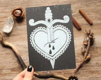 Handmade Linocut Postcard "Dagger & Heart" Artprint