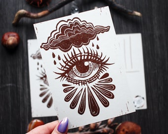 Handmade Linocut Postcard "Sad Eye"