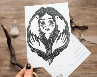 Handmade Linocut Postcard "Ghost Girl" Artprint