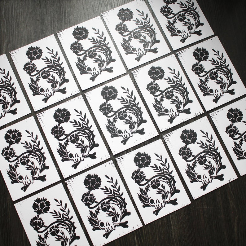 Handmade Linocut Artprint Skull Plants and Flowers Postcard Format image 9