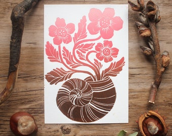 Handmade Linocut Postcard "Flowers in a Snail Shell" Artprint