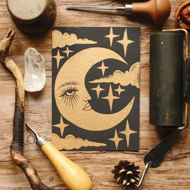 Handmade Linocut Postcard The Moon Artprint image 6
