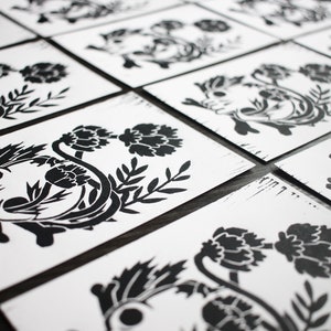 Handmade Linocut Artprint Skull Plants and Flowers Postcard Format image 8