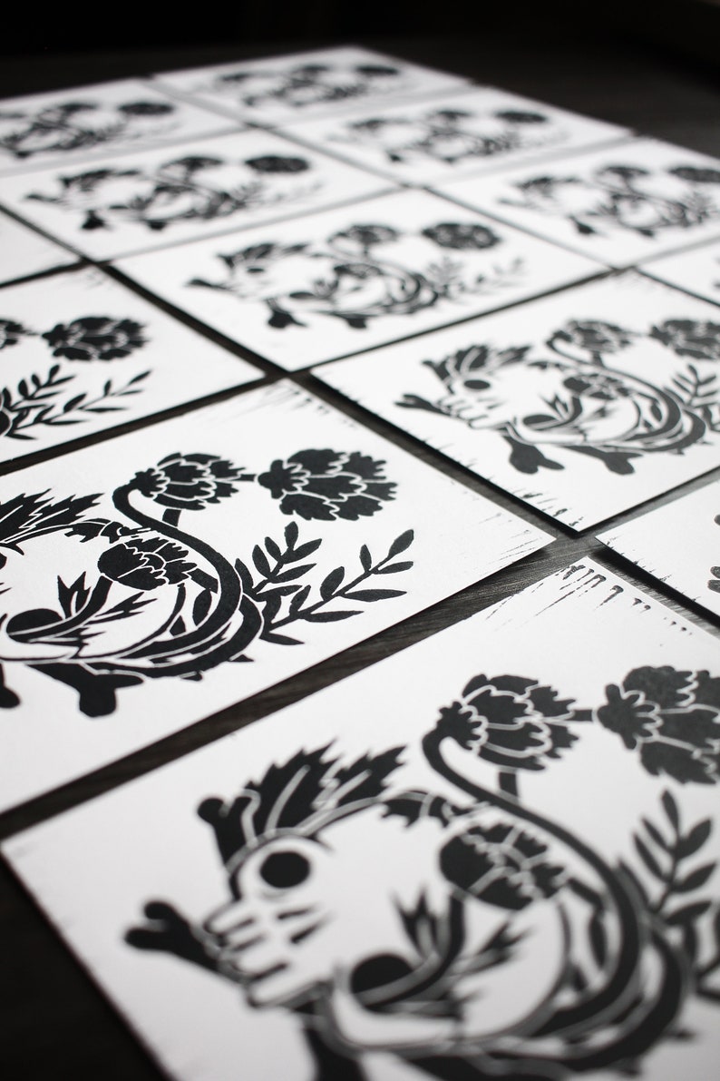 Handmade Linocut Artprint Skull Plants and Flowers Postcard Format image 8