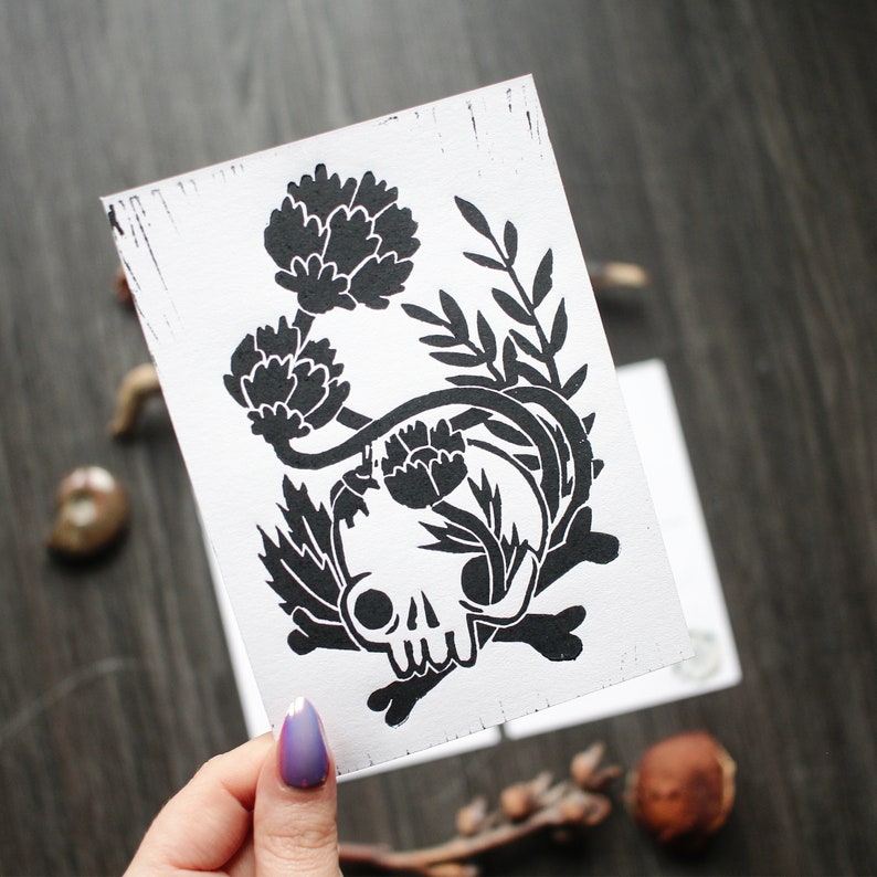 Handmade Linocut Artprint Skull Plants and Flowers Postcard Format image 1