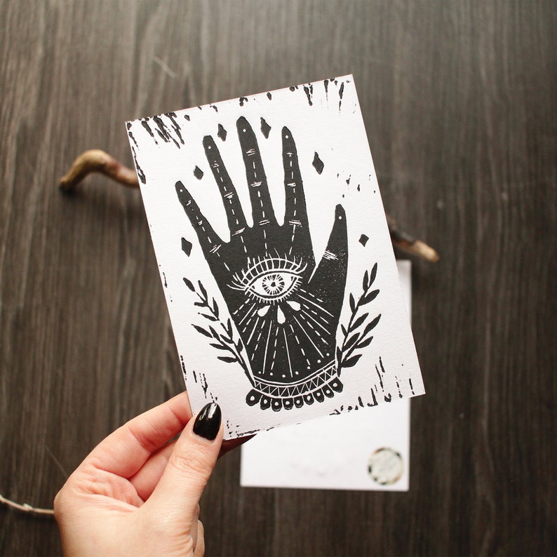 Handmade Linoprint Postcard Hand of Protection image 1