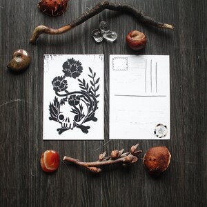 Handmade Linocut Artprint Skull Plants and Flowers Postcard Format image 2