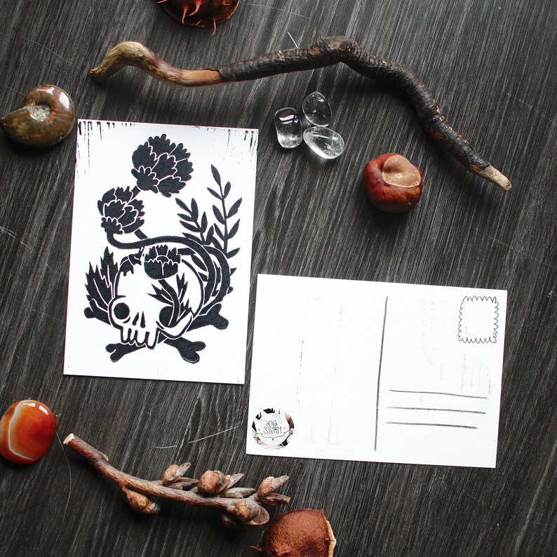 Handmade Linocut Artprint Skull Plants and Flowers Postcard Format image 3