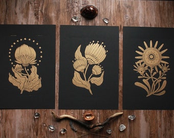Din A4 Flower Linocut Print Black and Gold Set of 3