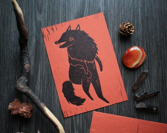Handmade Linocut Artprint "Red Wolf" - Postcard Format