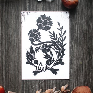 Handmade Linocut Artprint Skull Plants and Flowers Postcard Format image 5