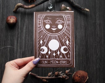 Handmade Linoprint Postcard "Sun Moon Stars"