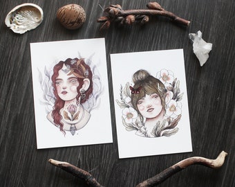 Whimsical Portrait Postcard Set: Two Unique Art Prints of Girls with Floral Accents