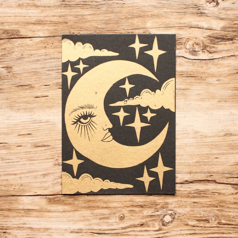 Handmade Linocut Postcard The Moon Artprint image 2