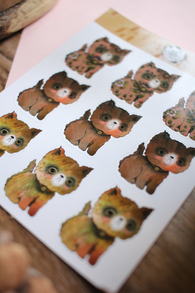 SMALL STICKER SHEET Brown & Pink Cats 9 Small Stickers image 9