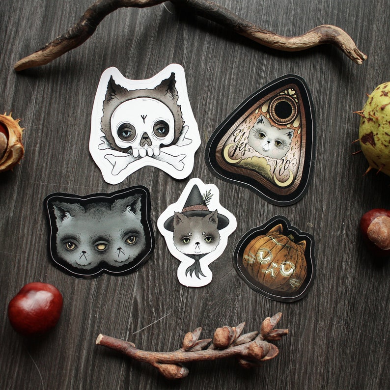 Spooky Halloween Cat Vinyl Sticker Set Of 5 Stickers image 1