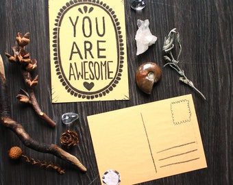 Handmade Linocut Artprint "You Are Awesome" - Postcard Format