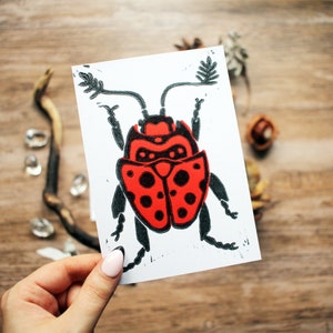 Handmade Beetle Linocut Artprint in Red and Black - Postcard Format