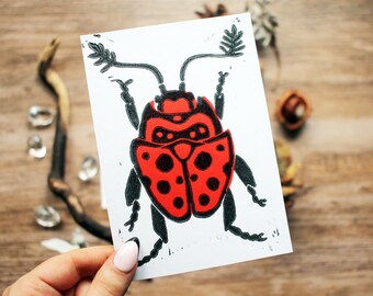 Handmade Beetle Linocut Artprint in Red and Black - Postcard Format