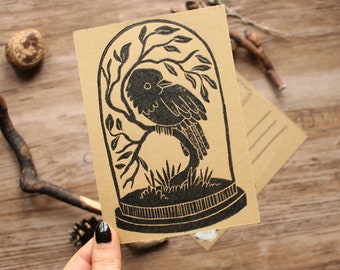 Handmade Linocut Postcard "Bird In The Glass Bell" Artprint