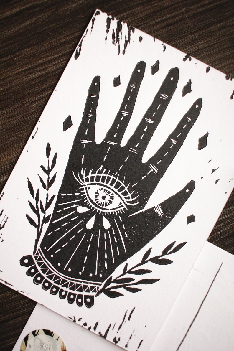 Handmade Linoprint Postcard Hand of Protection image 3