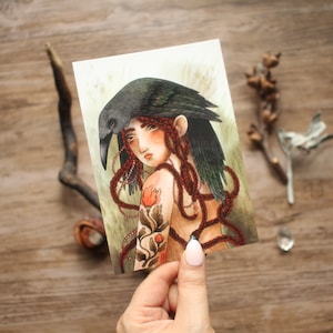 Postkarten Kunstdruck: Mädchen und Krähe