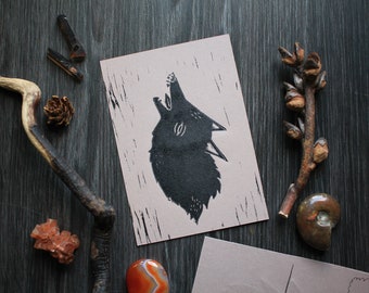 Handmade Linocut Artprint "Taupe Wolf" - Postcard Format