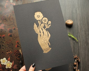 Linocut Print Artwork "A Flower Gift" Gold on Black A4
