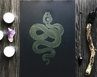 Mystical Khaki Snake on Black Linocut Print Artwork