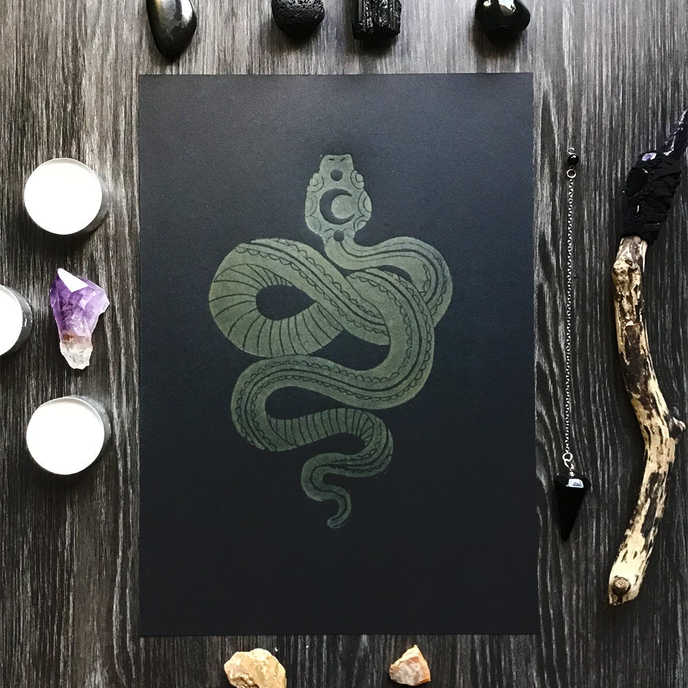 Mystical Khaki Snake on Black Linocut Print Artwork - Etsy