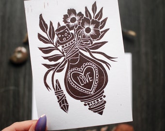 Handmade Linocut Postcard "Love Potion"