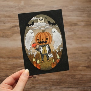 Ansichtkaart Artprint: Halloween Pumpkin Kid met geesten