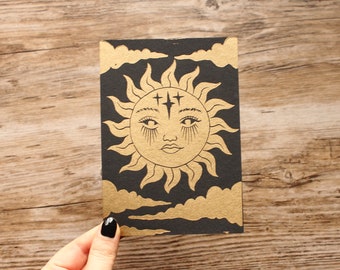 Handmade Linocut Postcard "The Sun" Artprint