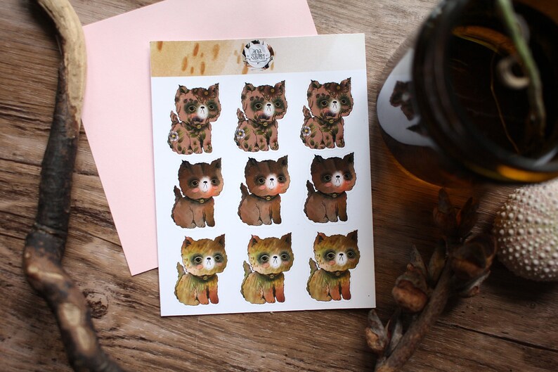 SMALL STICKER SHEET Brown & Pink Cats 9 Small Stickers image 1