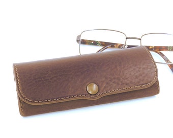 Personalized Tuscan Leather Glasses Case: Full Grain Veg Tan, Metal Snap Closure