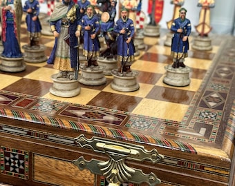 Hand Painted Crusaders Chess Set | Inlaid Mother of Pearl Chess Box with Storage | Hand painted Chessmen and Handmade Board | Crusades Chess