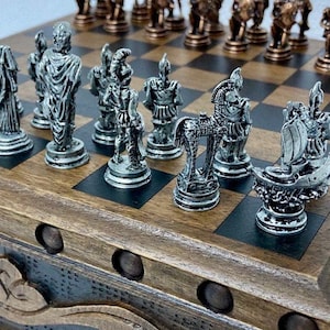 Puzzle Box Wooden Chess Set with Trojan War metal chess pieces | Handmade unique chess board and pieces | personalized with laser printing