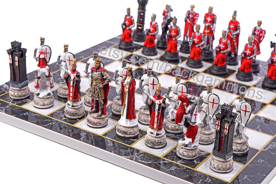 Medieval Times Crusade Red & White Maltese Chess Set With 18-Inch Faux Leather Board – HPL Hand Painted