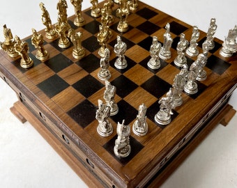 Puzzle Box Wooden Chess Set with Trojan War metal chess pieces | Handmade unique chess board and pieces | shipped via INTERNATIONAL EXPRESS