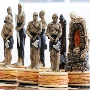 Undead Battlefront: Hand-Painted Zombie & Slayer Chess Set with Walnut-Style Wooden Board and Storage.